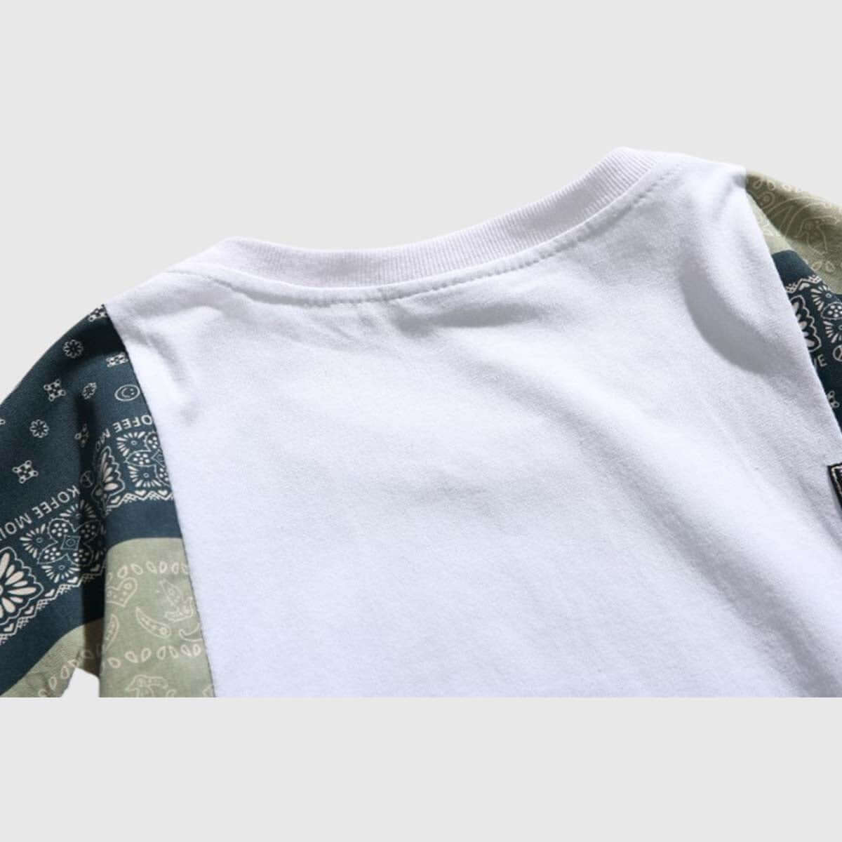 Close-up of the sleeve detail -view-2 on unisex's retro patchwork kimono style shirt