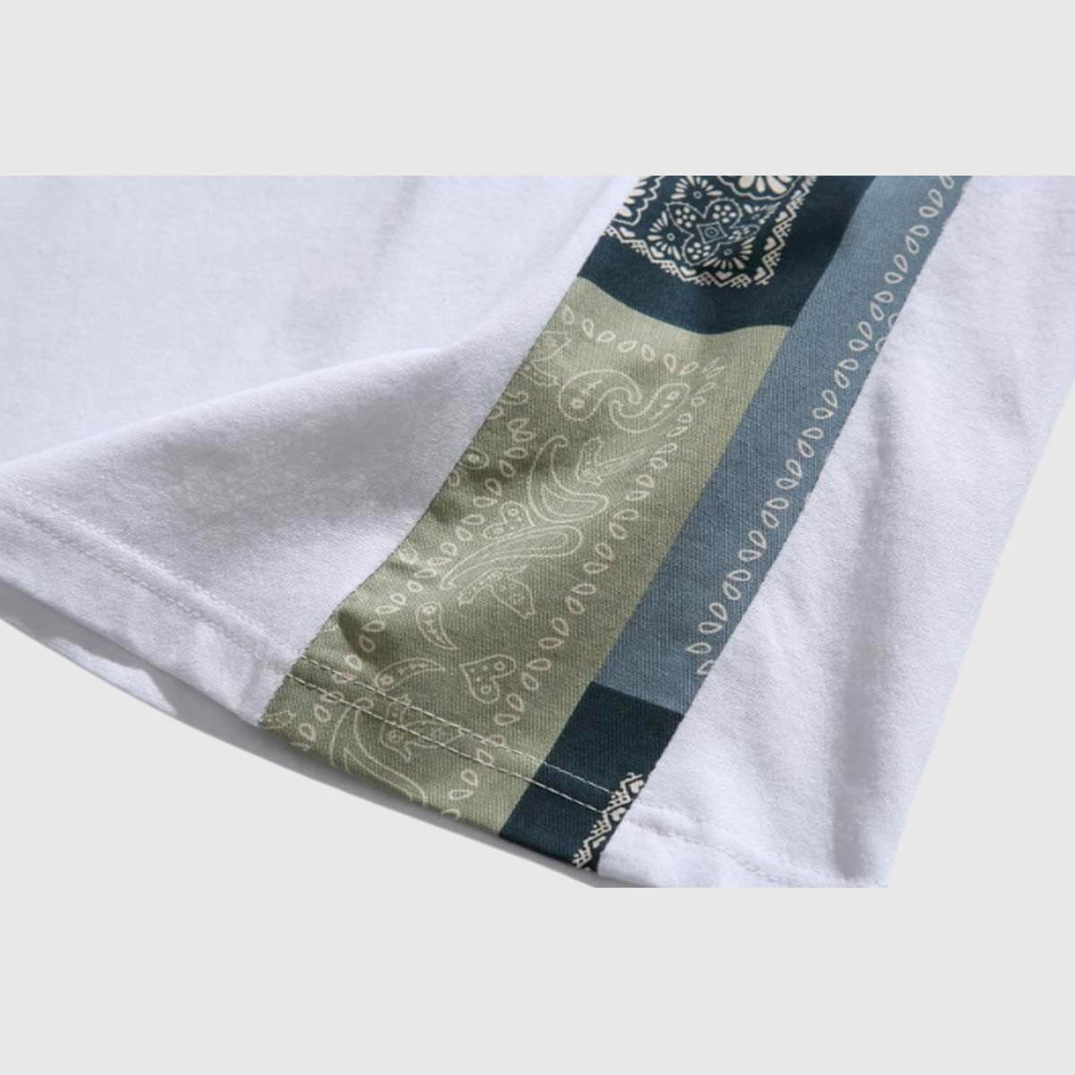 Close-up of the sleeve detail -view-4 on unisex's retro patchwork kimono style shirt