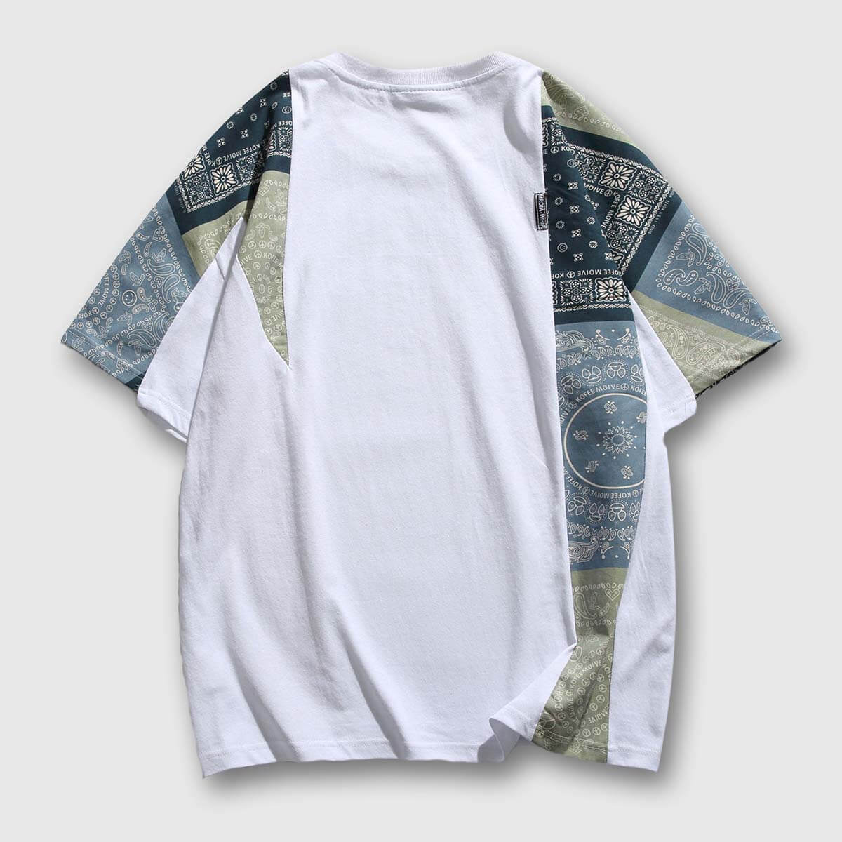 Back view of men's retro patchwork kimono style shirt with detailed patchwork in white