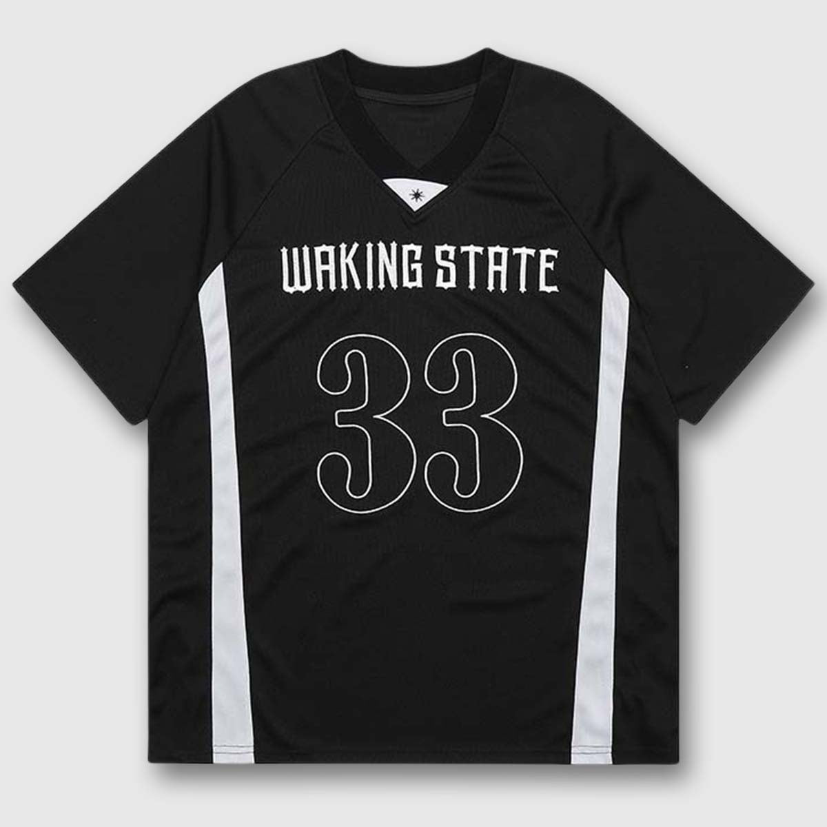 Front view of the unisex's retro number V-neck jersey in black