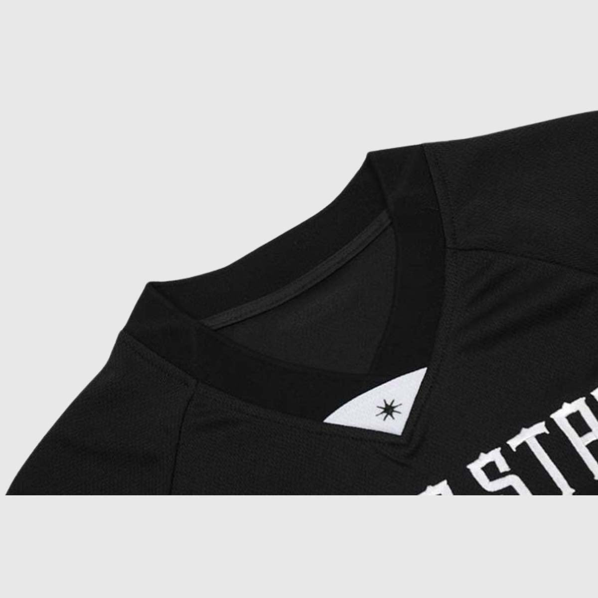Detail view -1  of the unisex's number V-neck jersey in black