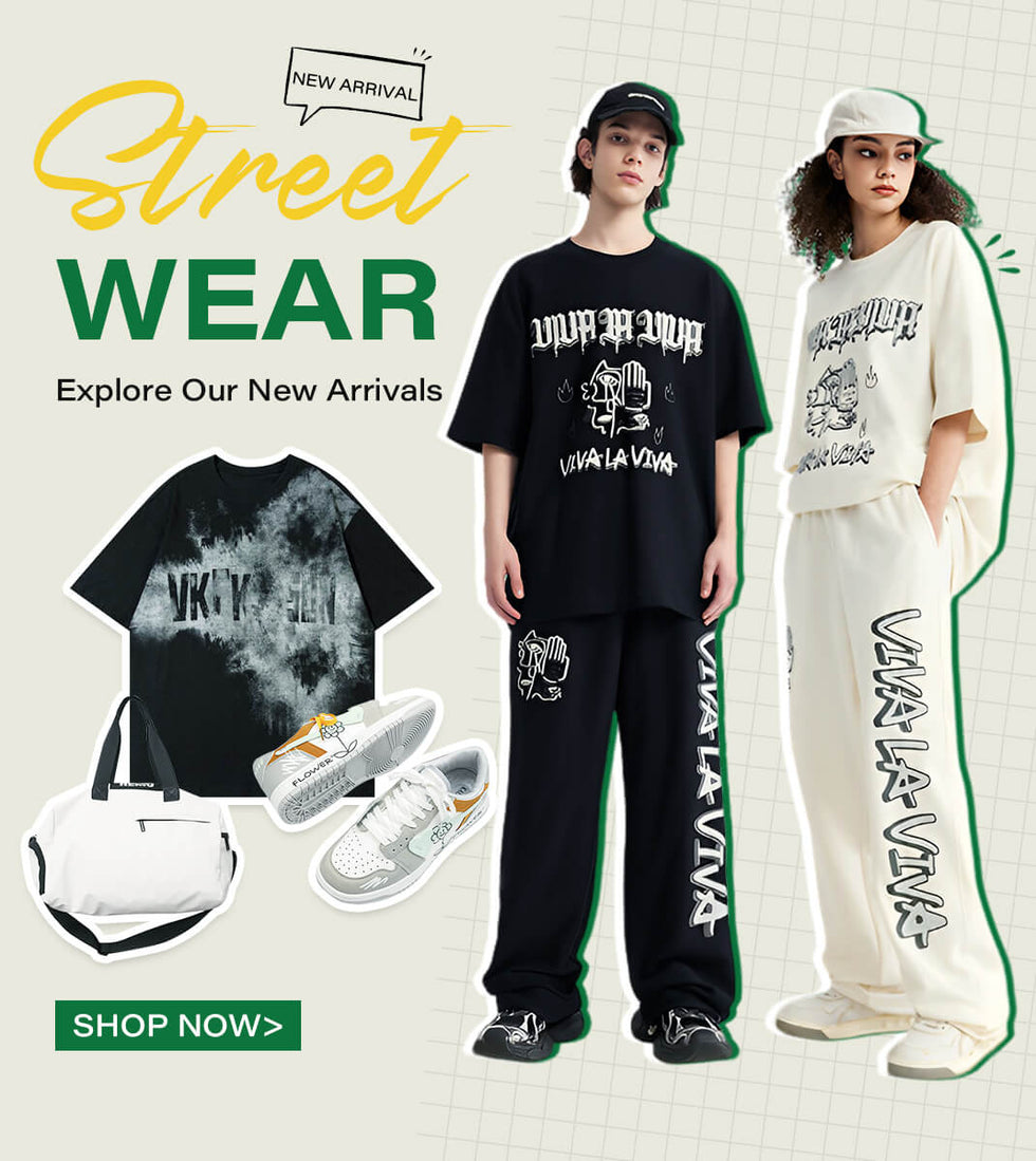 Streetwear new arrivals featuring graphic t-shirts, joggers, sneakers, and a white handbag with a "Shop Now" button. Two models showcasing the outfits.
