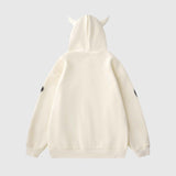 Back view of white unisex skeleton print hoodie with ears