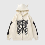 Front view of white unisex skeleton print hoodie with ears