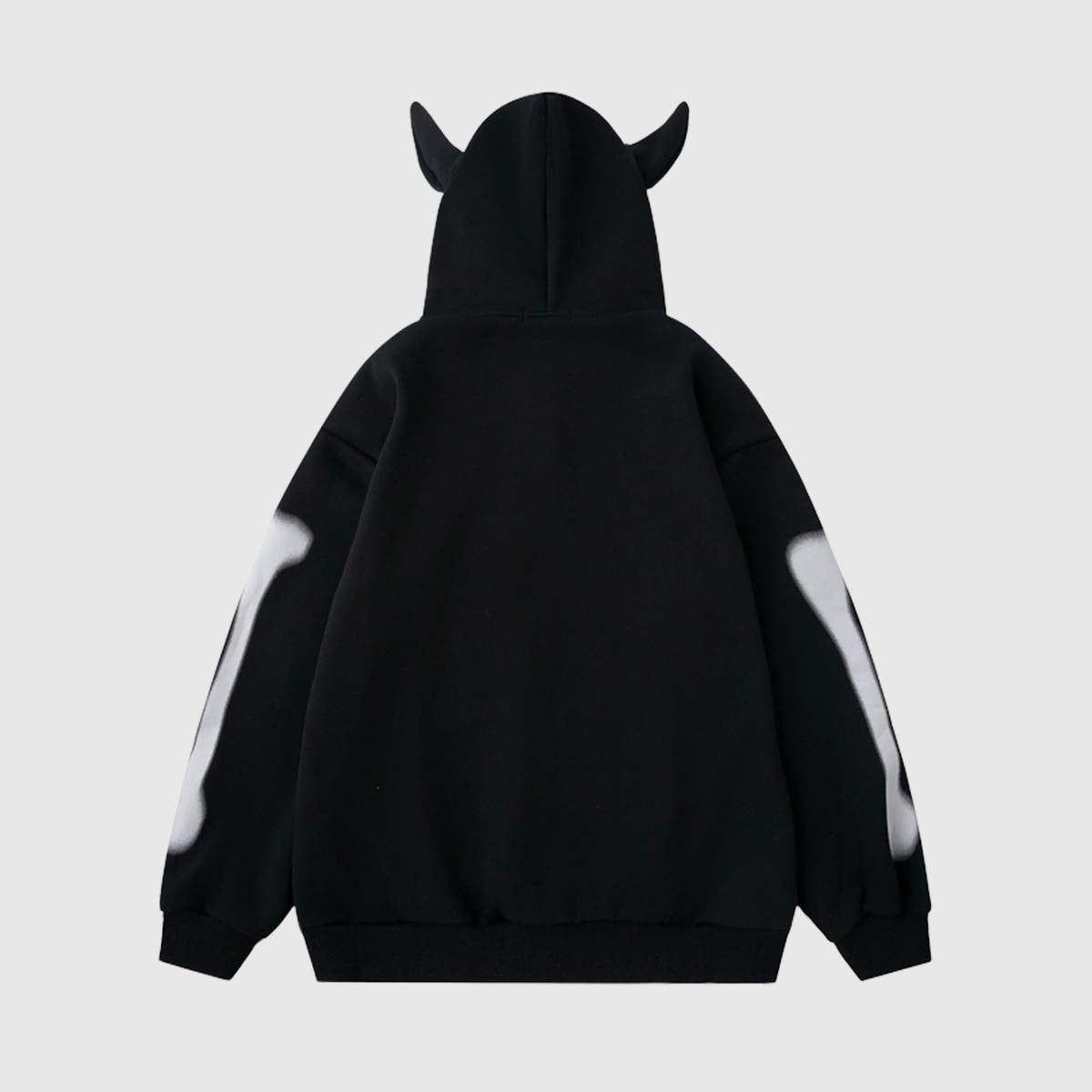 Back view of black unisex skeleton print hoodie with ears