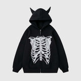 Front view of black unisex skeleton print hoodie with ears