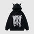 Front view of black unisex skeleton print hoodie with ears