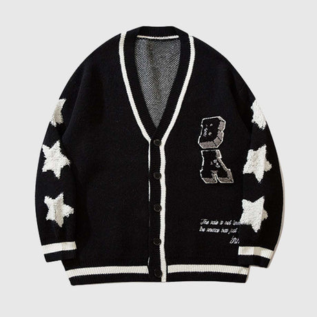 Front view of black vintage star patch cardigan