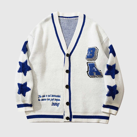 Front view of white vintage star patch cardigan