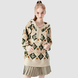 Argyle Pattern Drawstring Hooded Sweater