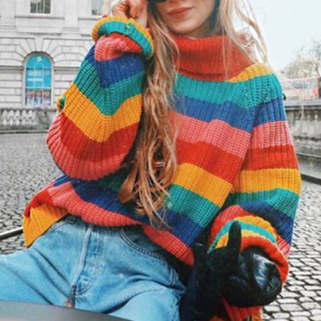Colorful Striped Turtleneck Sweater