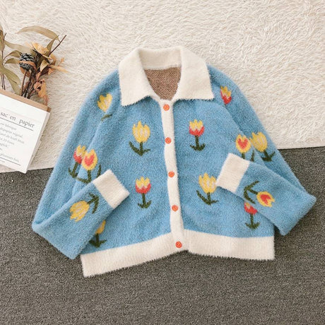 Tulip Pattern Button Down Cardigan Sweater