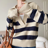 V Neck Collared Striped Sweater