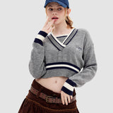 V Neck Fake Two Striped Cropped Sweater