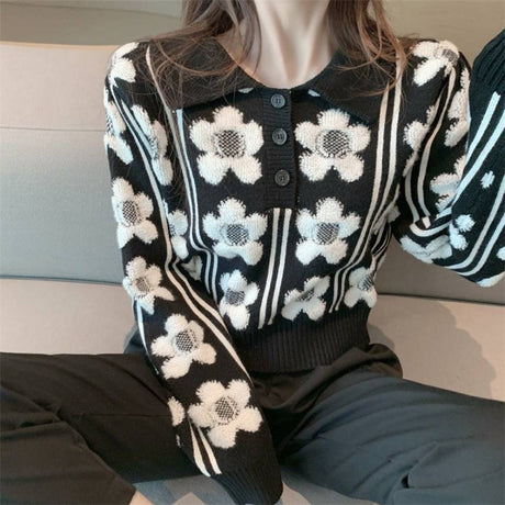 Pullover mit Polokragen und Blumenmuster