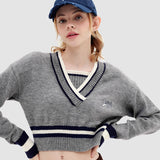 V Neck Fake Two Striped Cropped Sweater