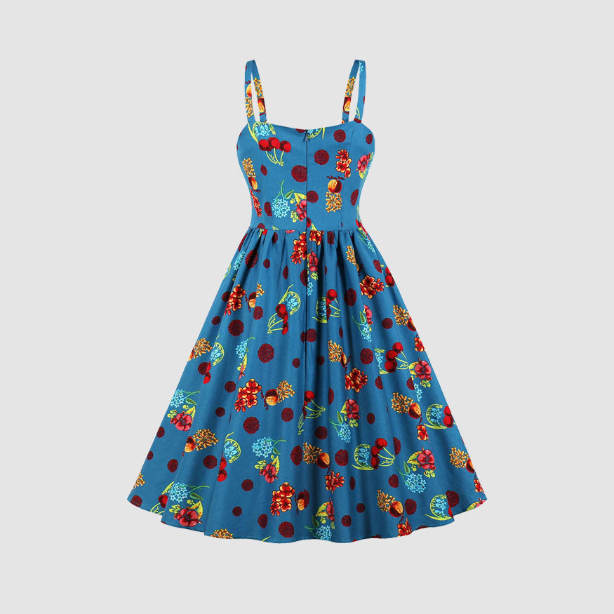 Vintage-Obst-Print-Midi-Kleid