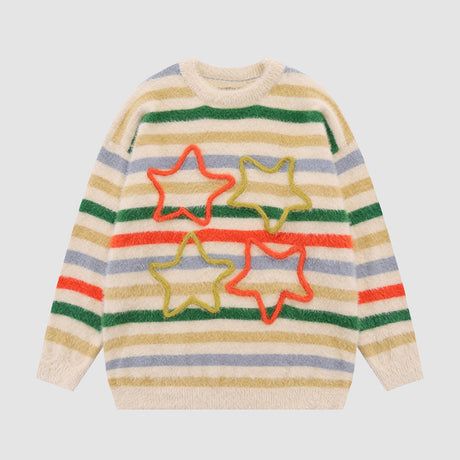 Pentagram Pattern Striped Fuzzy Sweater