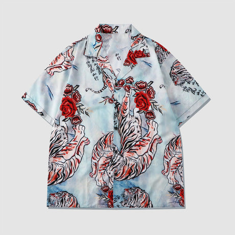 Two Piece Tiger & Rose Print Shirt + Shorts
