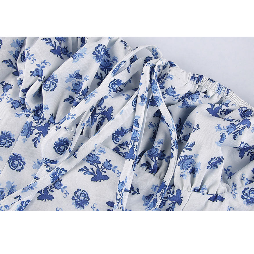 Puff Short Sleeves Floral Print Split Dress