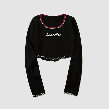 Letter Embroidery Trim Knit Crop Top