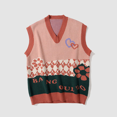 Contrast Color Heart & Flower Pattern Vest Sweater