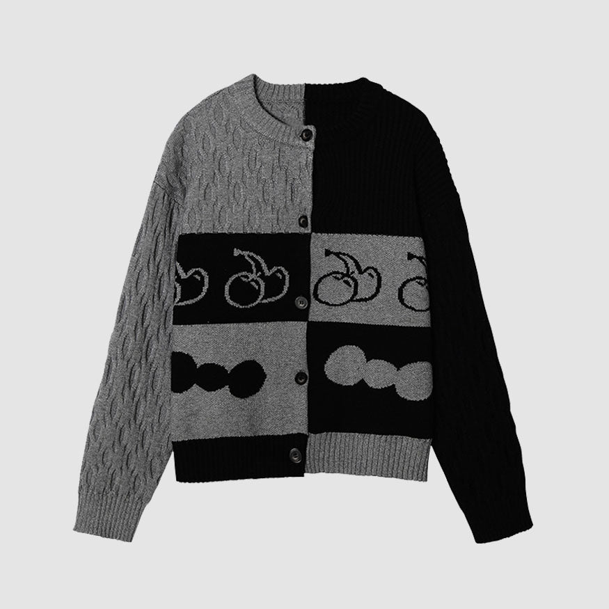 Color Block Cherry Pattern Cardigan Sweater