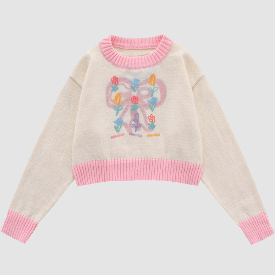 Sweet Bow & Flower Print Cropped Sweater