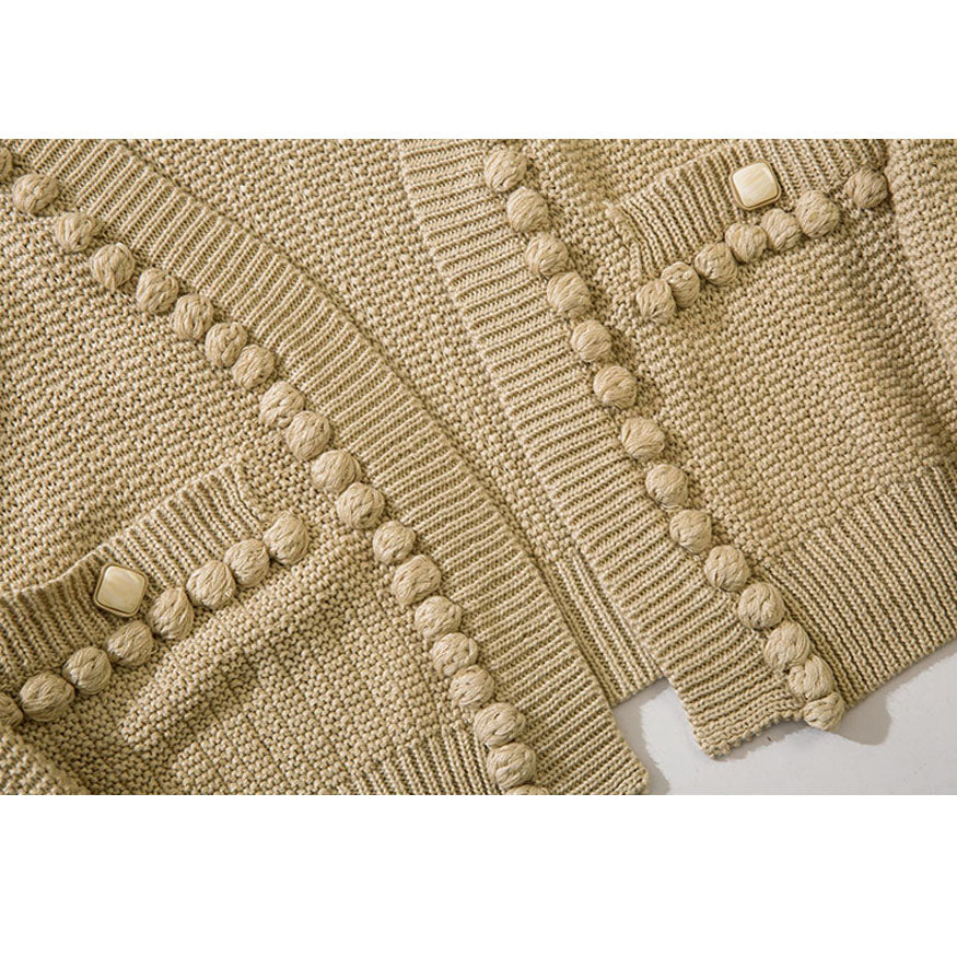 Button Decor Pom-Pom Cropped Cardigan Sweater