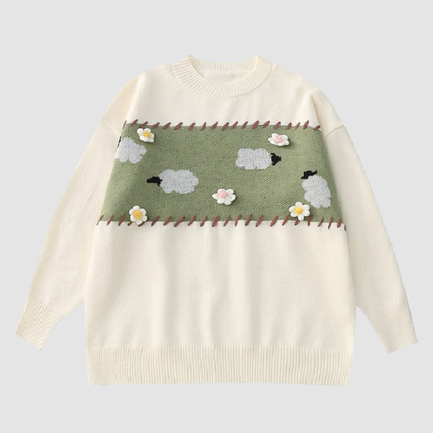 Suéter de punto con patrón de flores y ovejas