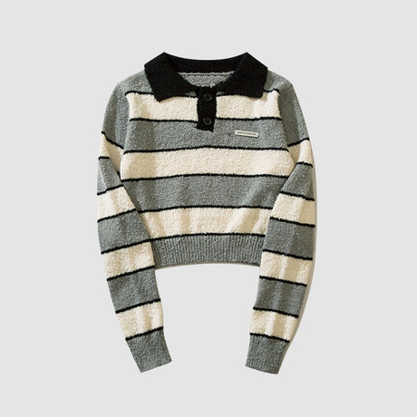 Turndown Collar Stripe Cropped Sweater