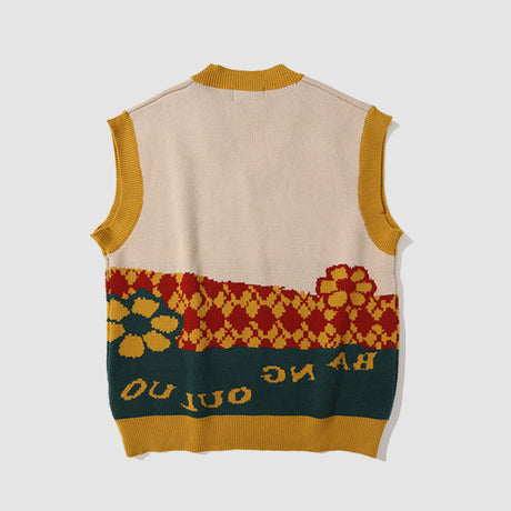 Contrast Color Heart & Flower Pattern Vest Sweater