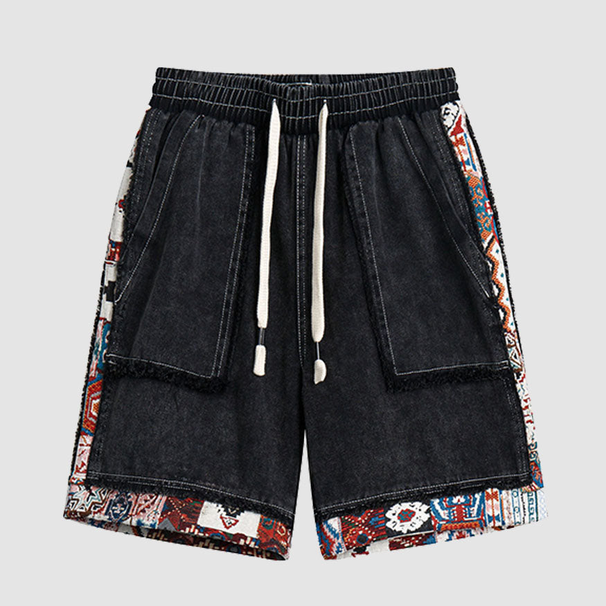 Estilo étnico Denim Patchwork Drawstring Shorts
