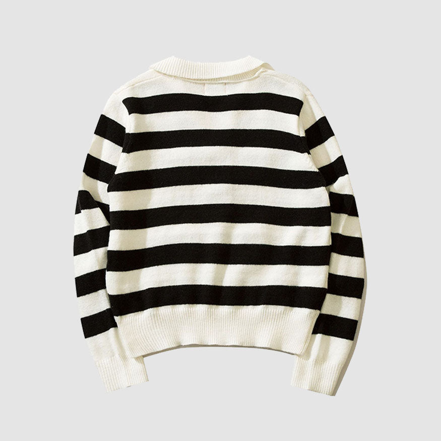 Chic Turndown Collar Striped Cropped Sweater