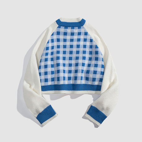 Tassel Check Pattern Patchwork Cropped Sweater
