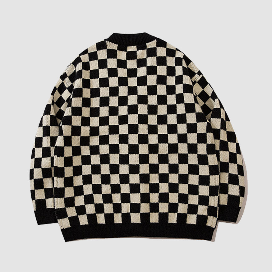 Classic Checkerboard Pattern Cardigan Knit Sweater | OLUOLIN