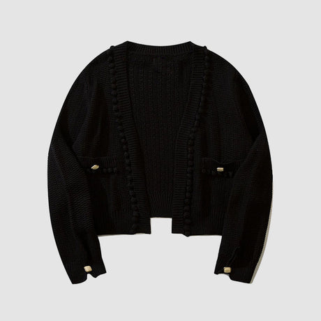 Button Decor Pom-Pom Cropped Cardigan Sweater