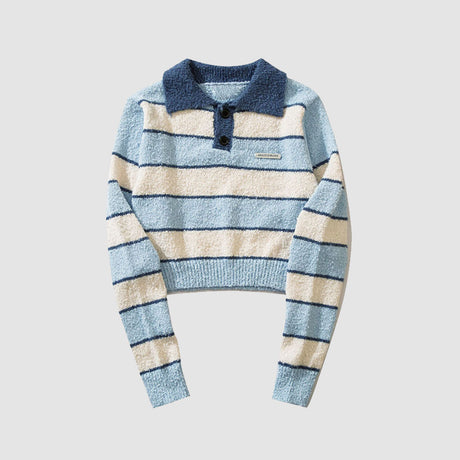 Turndown Collar Stripe Cropped Sweater