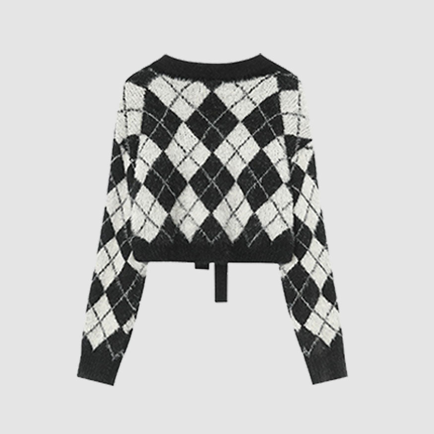 Tie + Argyle Pattern Cropped Sweater