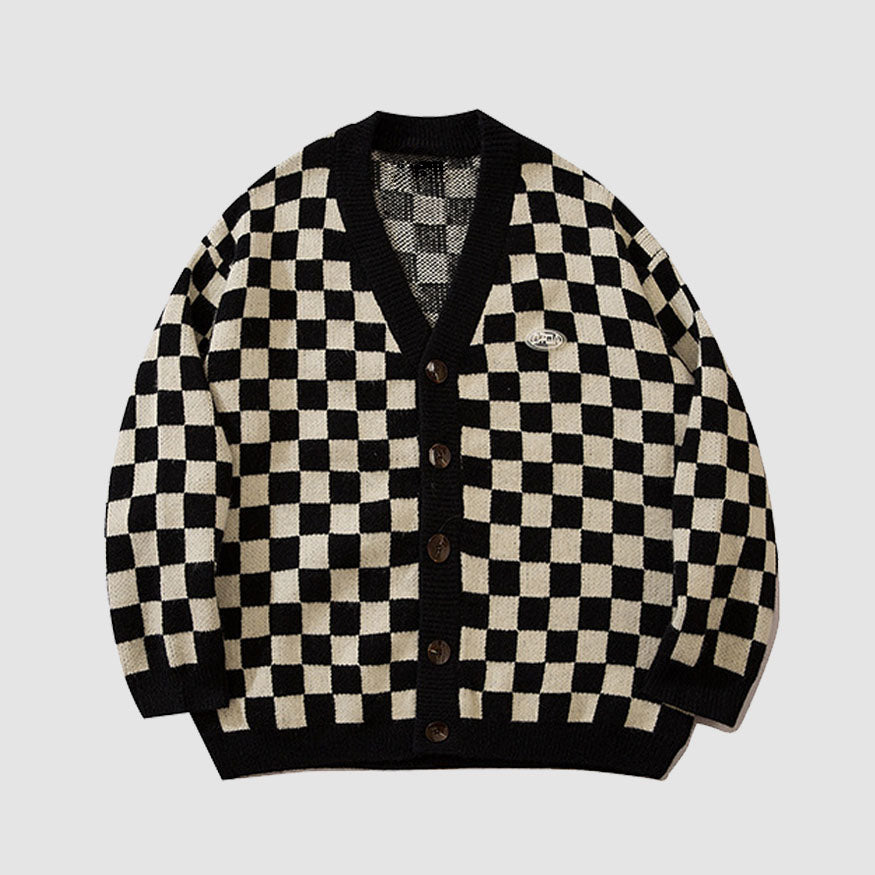 Suéter Cardigan clásico con patrón de tablero de ajedrez