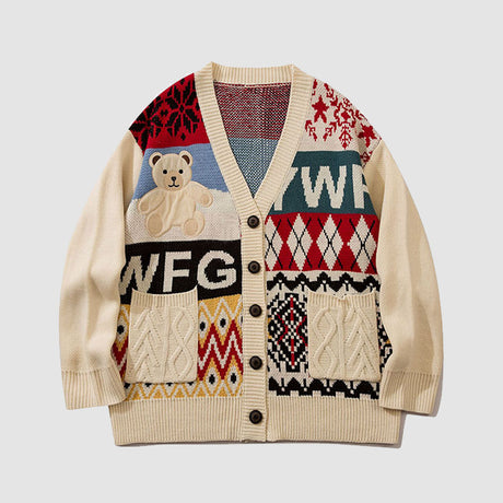Bear & Argyle Pattern Stitching Cardigan Sweater