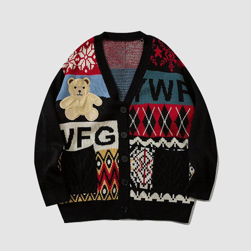 Bear & Argyle Pattern Stitching Cardigan Maglione