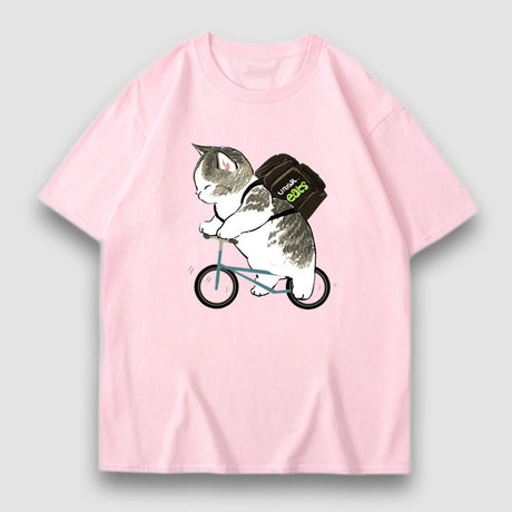 愛らしい猫漫画プリントTシャツ