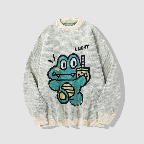 Milk Tea Dinosaur Print knitted Sweater