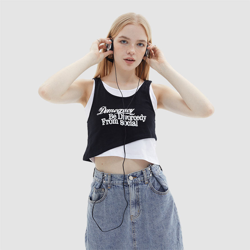 Fake Two Letters Print Crop Top