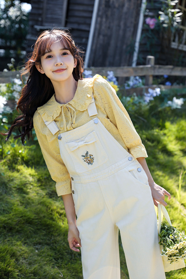 Chic Floral Embroidery Bow Overalls