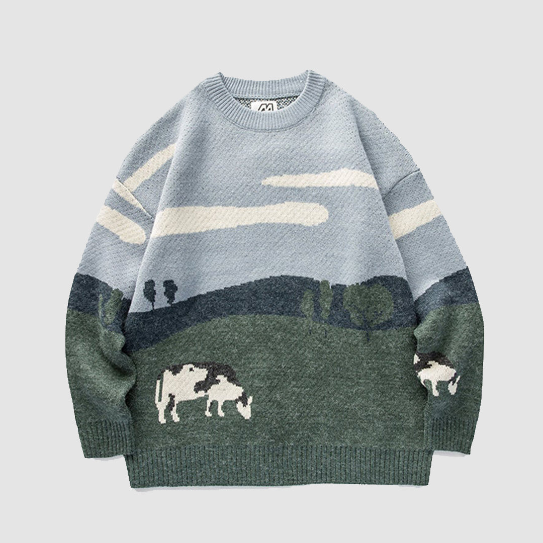 Cow Knitted Printed Sweater