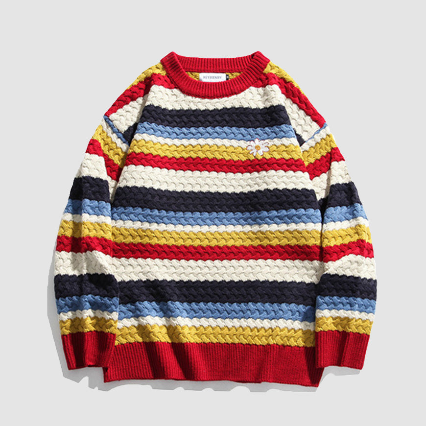 Vintage Gänseblümchen-Regenbogen-gestreifter Pullover