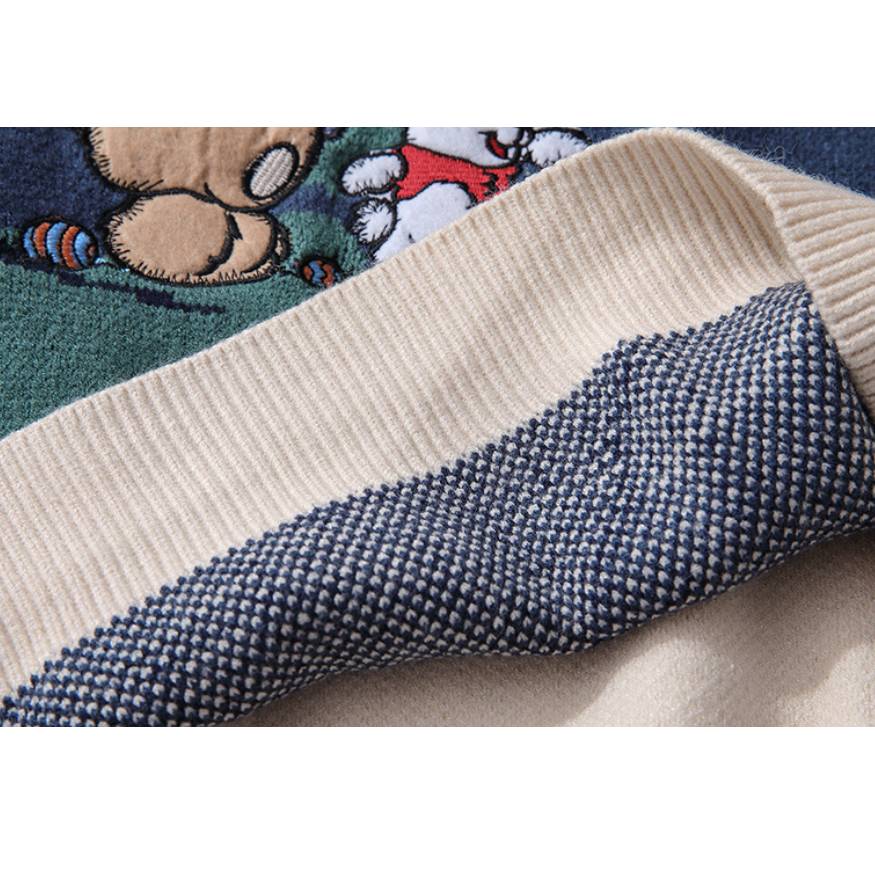 Bear & Rabbit Pattern Patchwork Sweater