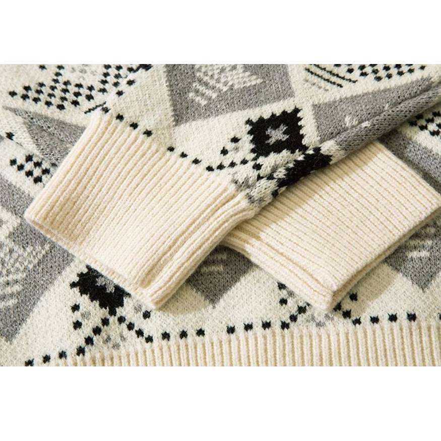 Argyle Pattern Drawstring Hooded Sweater